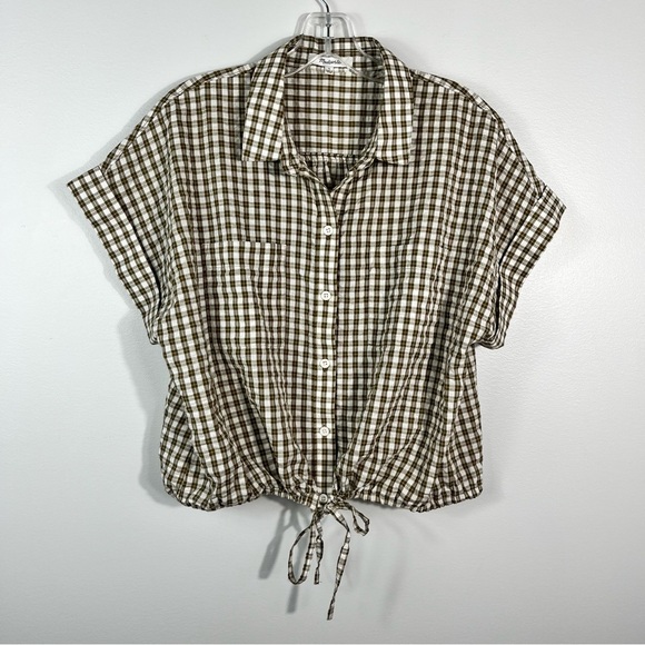 Madewell Seersucker Textured Button Up Green Plaid Tie Bottom Top Large L - Picture 3 of 7